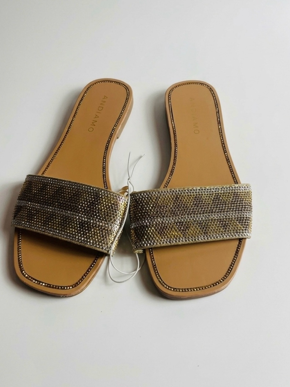 Andiamo Gold Rhinestone Embellished Square Toe Flat Slide Sandals Size 6.5